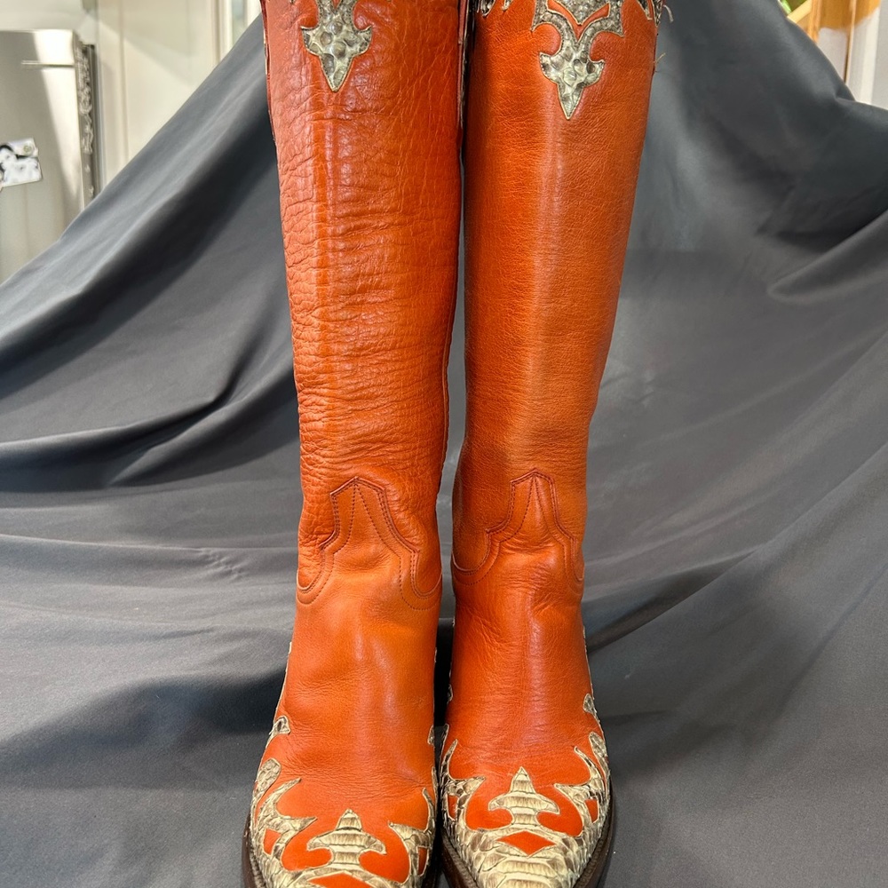 Women's Orange Leather + Python Boots